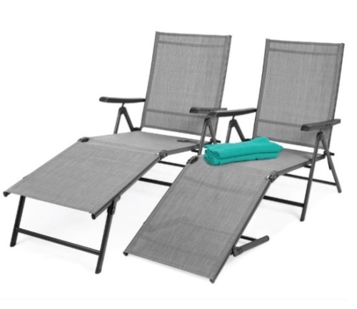 Set of 2 Outdoor Patio Chaise Recliner Lounge Chairs w/ Rust-Resistant Frame, Gray - Lot 302