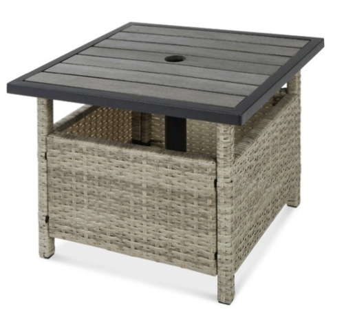Outdoor Wicker Patio Side Table Accent Furniture w/ Umbrella Hole, Gray  - Lot 308