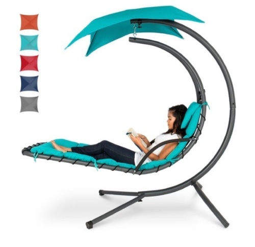 Hanging Curved Chaise Lounge Chair w/ Built-In Pillow, Removable Canopy, Blue - Lot 311