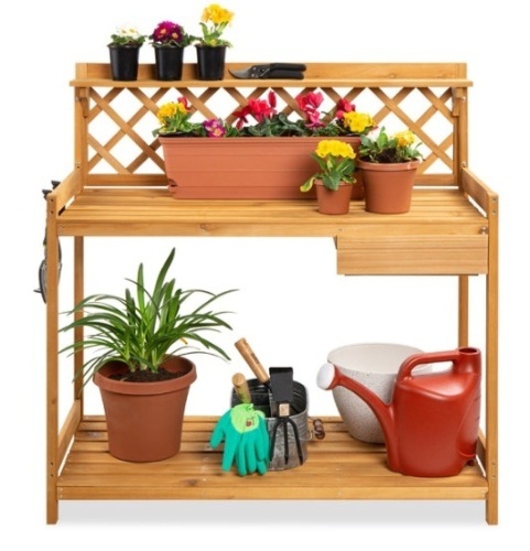 Wooden Garden Potting Bench Workstation w/ Cabinet Drawer, Open Shelf - Lot 312
