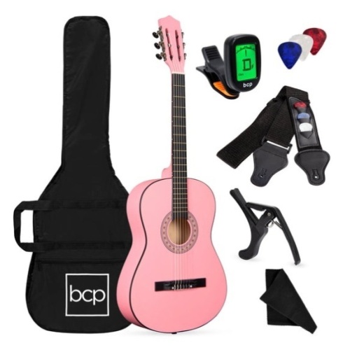 Beginner Acoustic Guitar Set w/ Case, Strap, Digital Tuner, Strings - 38in, Pink - Lot 313