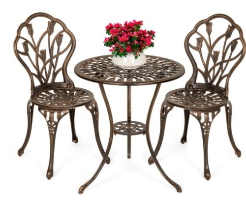 3-Piece Cast Aluminum Patio Bistro Furniture Set, Brown - Lot 240