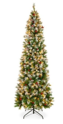Pre-Lit Partially Flocked Spruce Pencil Tree w/ Berries, Pine Cones, 6ft - Lot 259