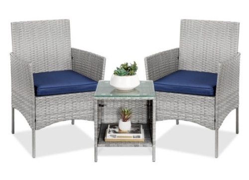 3-Piece Outdoor Patio Wicker Bistro Set w/ Side Storage Table, Gray/Navy - Lot 319