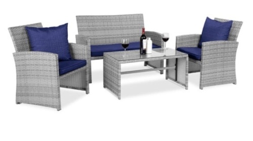 4-Piece Outdoor Wicker Conversation Patio Set w/ 4 Seats, Glass Table Top, Gray/Navy - Lot 301