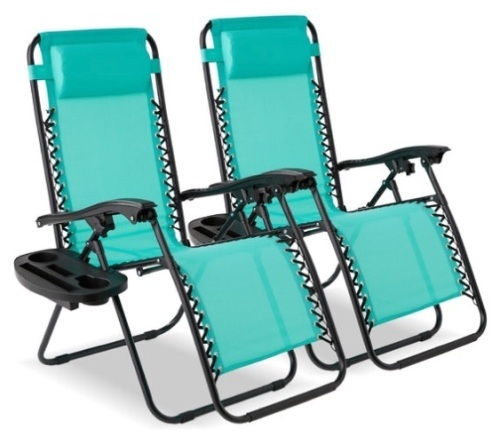 Set of 2 Adjustable Zero Gravity Patio Chair Recliners w/ Cup Holders, Mint - Lot 326