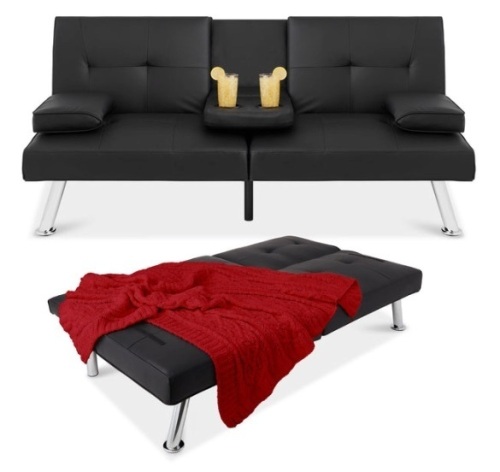 Faux Leather Upholstered Convertible Sofa Bed Futon w/ 2 Cupholders, Black - Lot 327