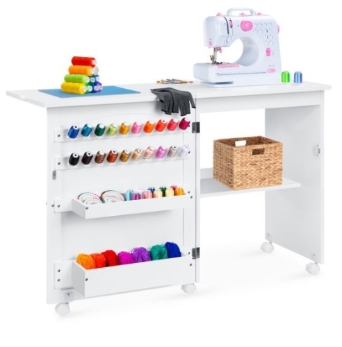Folding Sewing Table Multipurpose Craft Station & Side Table w/ Wheels, White - Lot 328