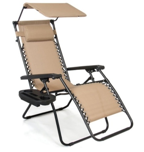 Folding Zero Gravity Recliner Patio Lounge Chair w/ Canopy, Side Tray, Beige - Lot 325