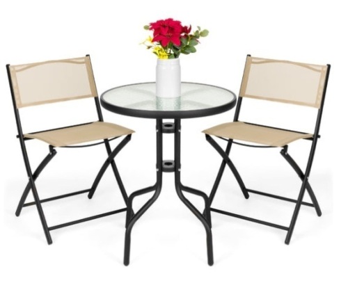 3-Piece Bistro Set w/ Glass Table, 2 Foldable Chairs, Beige - Lot 331
