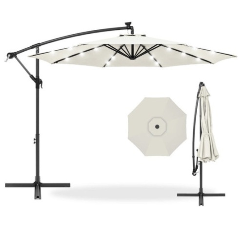 Solar LED Offset Hanging Patio Umbrella w/ Crank Tilt Adjustment - 10ft, Cream - Lot 340