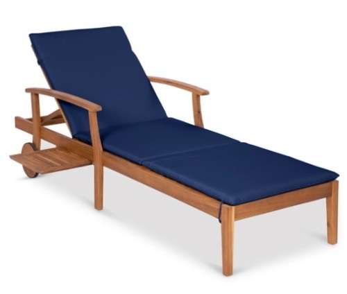 Adjustable Acacia Wood Chaise Lounge Chair w/ Side Table, Wheels - 79x26in, Navy Blue - Lot 347
