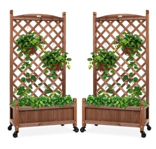 Set of 2 Wood Planter Box & Lattice Trellis w/ Optional Wheels - 48in - Lot 348