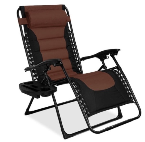 Oversized Padded Zero Gravity Chair, Folding Recliner w/ Headrest, Side Tray, Brown - Lot 501