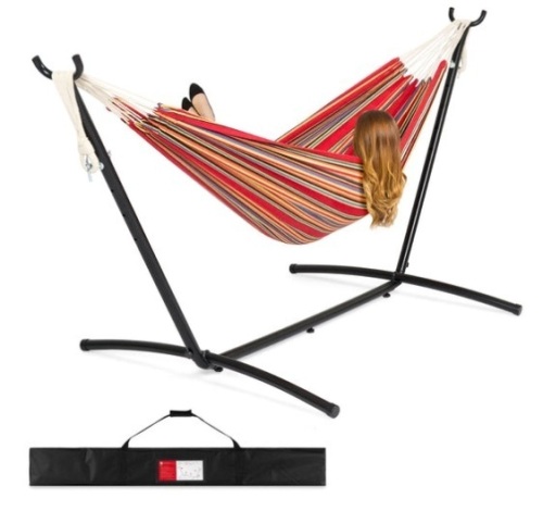 2-Person Brazilian-Style Double Hammock w/ Carrying Bag and Steel Stand, Sangria - Lot 505