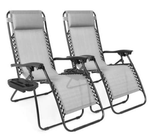 Set of 2 Adjustable Zero Gravity Patio Chair Recliners w/ Cup Holders, Ice Gray - Lot 509