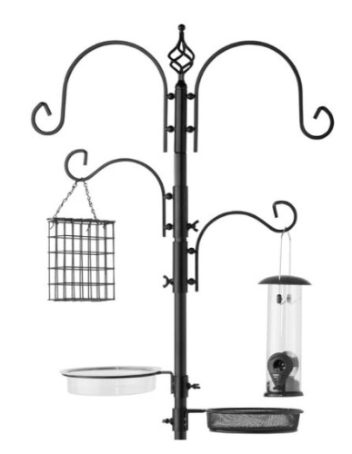 4-Hook Bird Feeding Station, Steel Feeder Stand w/ 2 Bird Feeders - 91in, Black - Lot 513