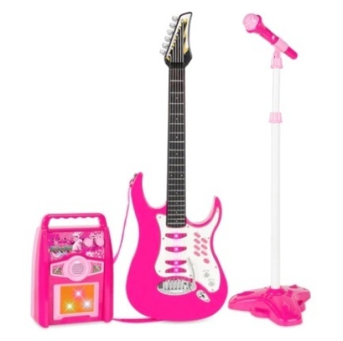 Kids Electric Guitar Toy Play Set w/ 6 Songs, Microphone, Amp, Pink - Lot 414
