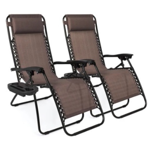 Set of 2 Adjustable Zero Gravity Patio Chair Recliners w/ Cup Holders, Brown - Lot 416