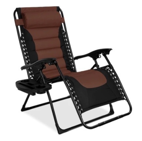 Oversized Padded Zero Gravity Chair, Folding Recliner w/ Headrest, Side Tray, Brown/Black - Lot 417