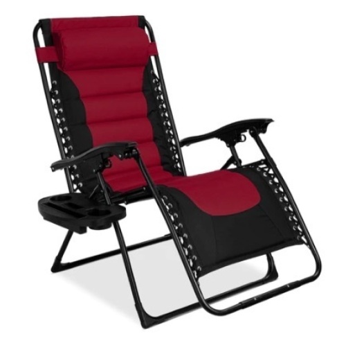 Oversized Padded Zero Gravity Chair, Folding Recliner w/ Headrest, Side Tray, Burgundy - Lot 418