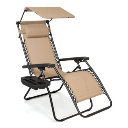 Folding Zero Gravity Recliner Patio Lounge Chair w/ Canopy, Side Tray, Beige - Lot 426