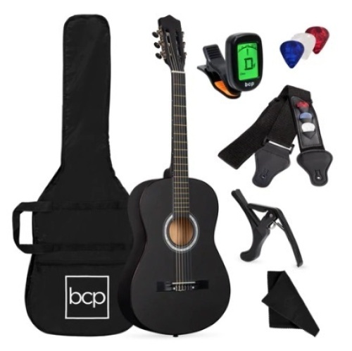 Beginner Acoustic Guitar Set w/ Case, Strap, Digital Tuner, Strings - 38in, Matte Black, Appears New - Lot 436