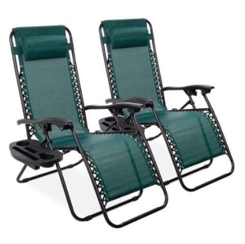 Set of 2 Adjustable Zero Gravity Patio Chair Recliners w/ Cup Holders, Forest Green, Appears New - Lot 437