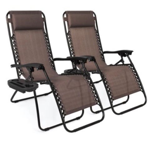 Set of 2 Adjustable Zero Gravity Patio Chair Recliners w/ Cup Holders, Brown, Appears New - Lot 438