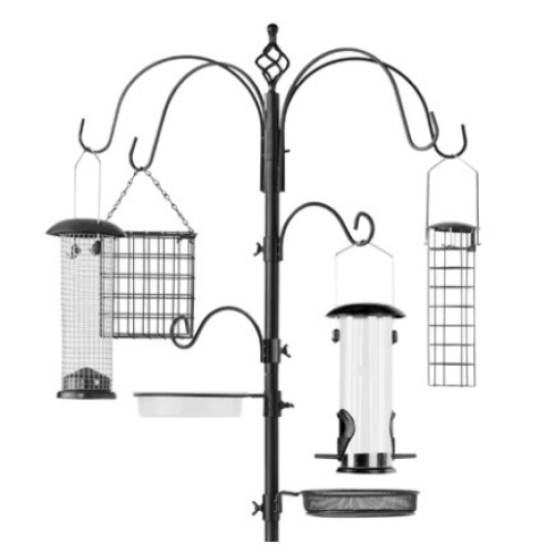 Bird Feeding Station, 6-Hook Steel Multi-Feeder Stand w/ 4 Feeders - 89in - Lot 444