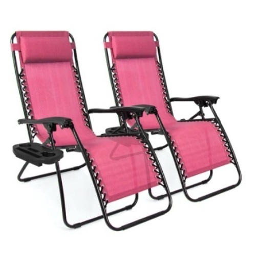 Set of 2 Adjustable Zero Gravity Patio Chair Recliners w/ Cup Holders, Pink, Appears New - Lot 452