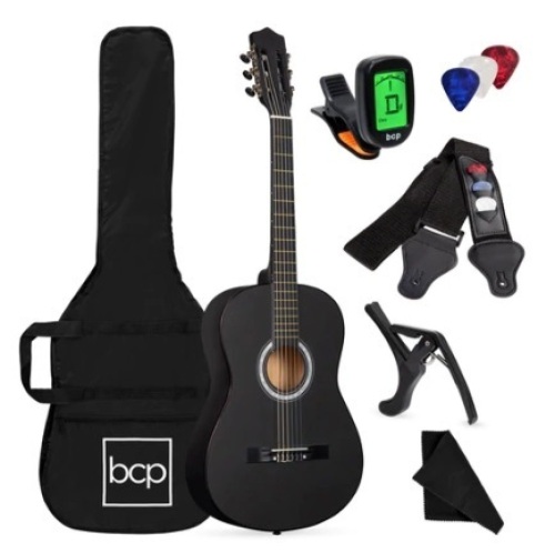 Beginner Acoustic Guitar Set w/ Case, Strap, Digital Tuner, Strings - 38in, Matte Black, Appears New - Lot 456