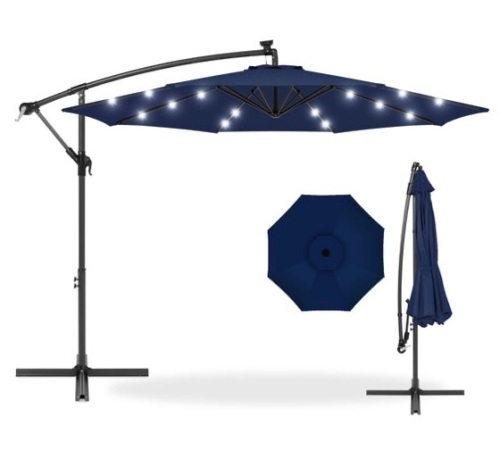 Solar LED Offset Hanging Patio Umbrella w/ Crank Tilt Adjustment - 10ft, Navy Blue - Lot 467