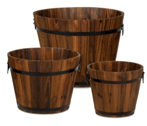 Set of 3 Rustic Wood Bucket Barrel Garden Planters Set w/ Drainage Holes - Lot 472
