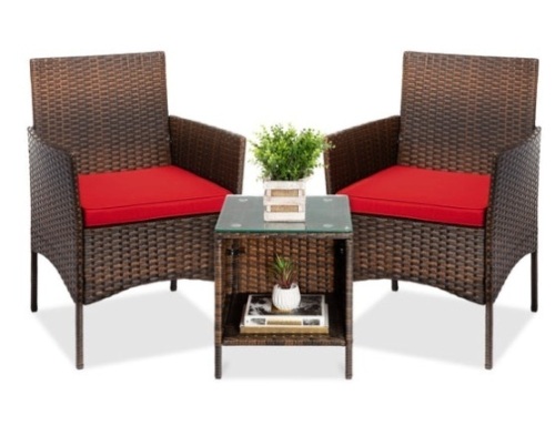 3-Piece Outdoor Patio Wicker Bistro Set w/ Side Storage Table, Brown/Red - Lot 473