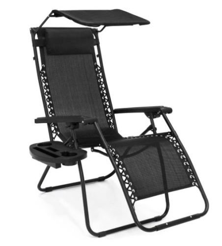 Folding Zero Gravity Recliner Patio Lounge Chair w/ Canopy, Side Tray, Black - Lot 482