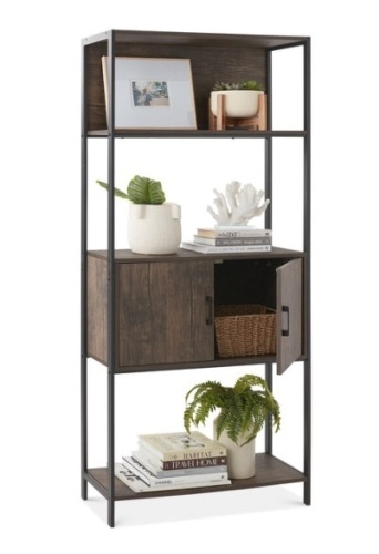Storage Bookshelf for Living Room, Walkway w/ Cabinet, Elevated Design, Dark Walnut - Lot 484