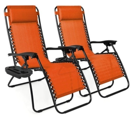 Set of 2 Adjustable Zero Gravity Patio Chair Recliners w/ Cup Holders, Burnt Orange - Lot 485