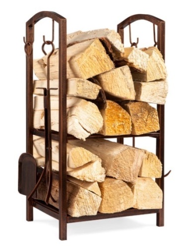 5-Piece Firewood Log Rack Holder Tools Set w/ Hook, Broom, Shovel, Tongs, Copper - Lot 486