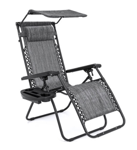 Folding Zero Gravity Recliner Patio Lounge Chair w/ Canopy, Side Tray, Gray - Lot 487