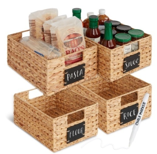 Set of 4 Water Hyacinth Pantry Baskets w/ Chalkboard, Marker - 12in - Lot 491