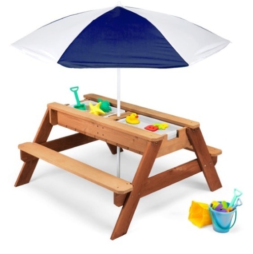 3-in-1 Kids Sand & Water Table Outdoor Wood Picnic Table w/ Umbrella, Navy - Lot 492