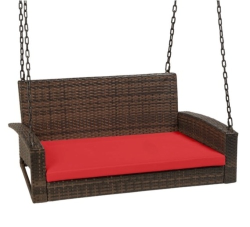 Woven Wicker Hanging Porch Swing Bench w/ Mounting Chains, Seat Cushion, Brown/Red - Lot 493