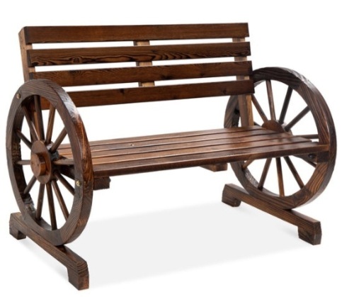 2-Person Rustic Wooden Wagon Wheel Bench w/ Slatted Seat and Backrest - Lot 497