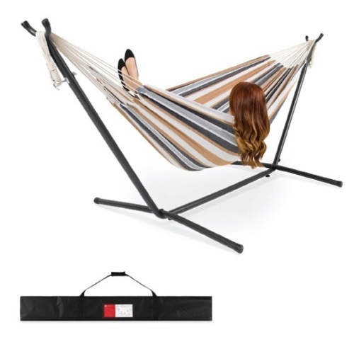 2-Person Brazilian-Style Double Hammock w/ Carrying Bag and Steel Stand, Desert Stripes - Lot 517