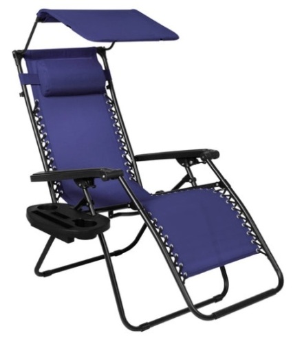 Folding Zero Gravity Recliner Patio Lounge Chair w/ Canopy, Side Tray, Navy Blue - Lot 522