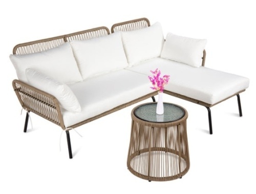 Rope Woven Sectional, L-Shape Sofa Set w/ Detachable Lounger, Table, White - Lot 525