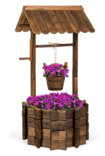 Rustic Wooden Wishing Well Planter Yard Decoration w/ Hanging Bucket - Lot 533