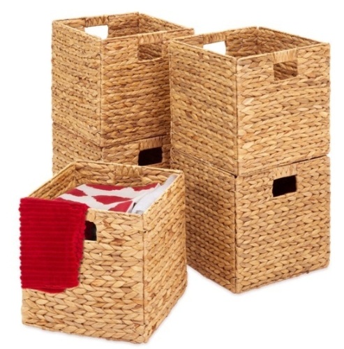 Set of 5 Collapsible Hyacinth Storage Baskets w/ Inserts - 10.5x10.5in, Natural  - Lot 534