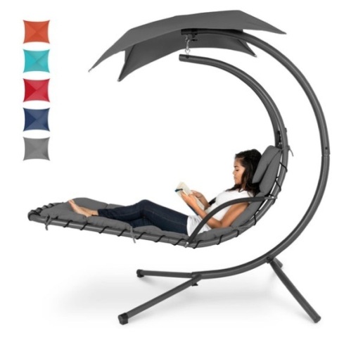 Hanging Curved Chaise Lounge Chair w/ Built-In Pillow, Removable Canopy, Charcoal Gray - Lot 539